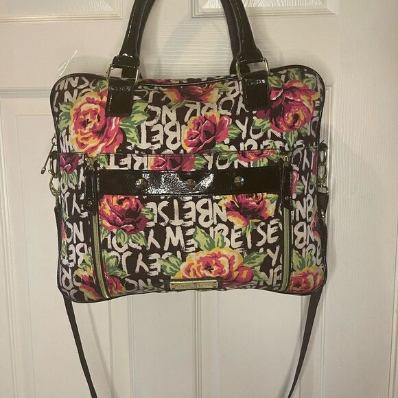 Betsey Johnson Nylon colorful large laptop shoulder bag black patent trim &strap - Picture 4 of 14